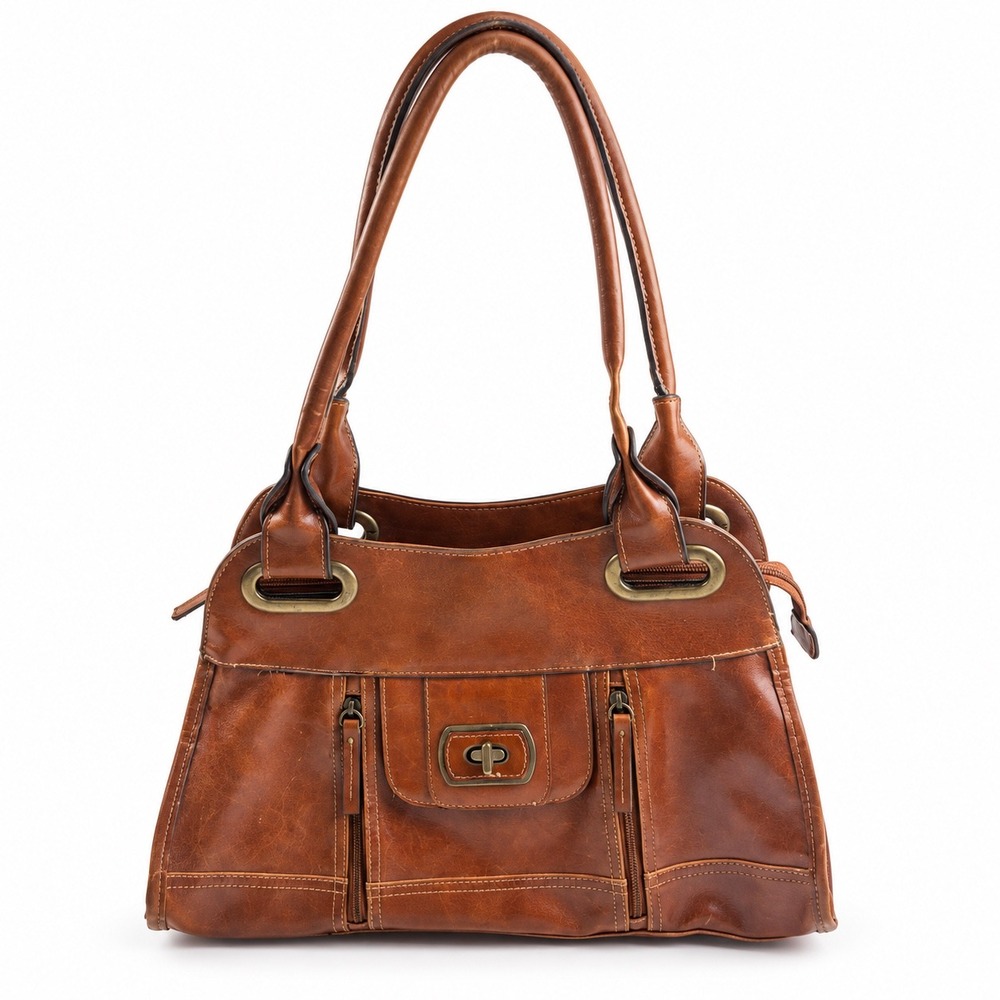 Vintage Y2K Cognac Brown Leather Multi-Pocket Shoulder Bag Satchel Purse